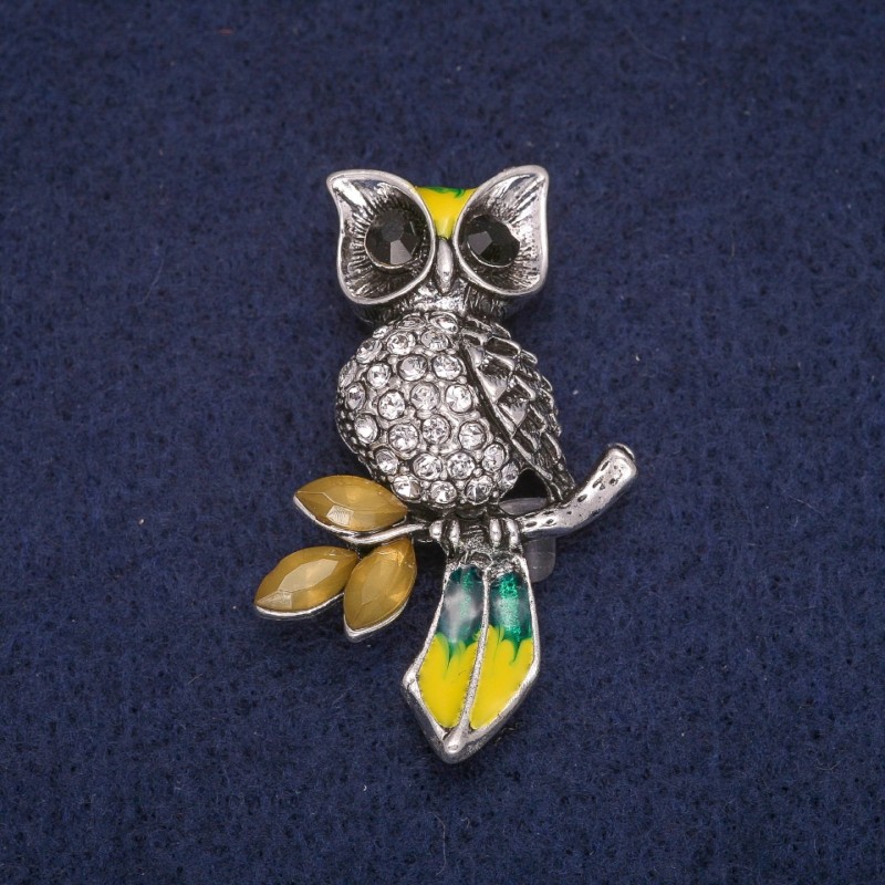 Sale! Owl Brooch with Crystals, Silver Metal 27x42mm