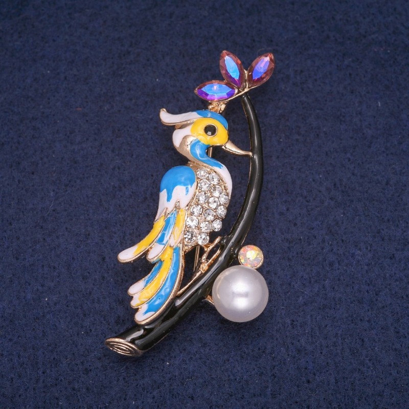 Sale! Bird on a Branch Brooch with Enamel and Rhinestones, Gold-Tone Metal 34x60mm