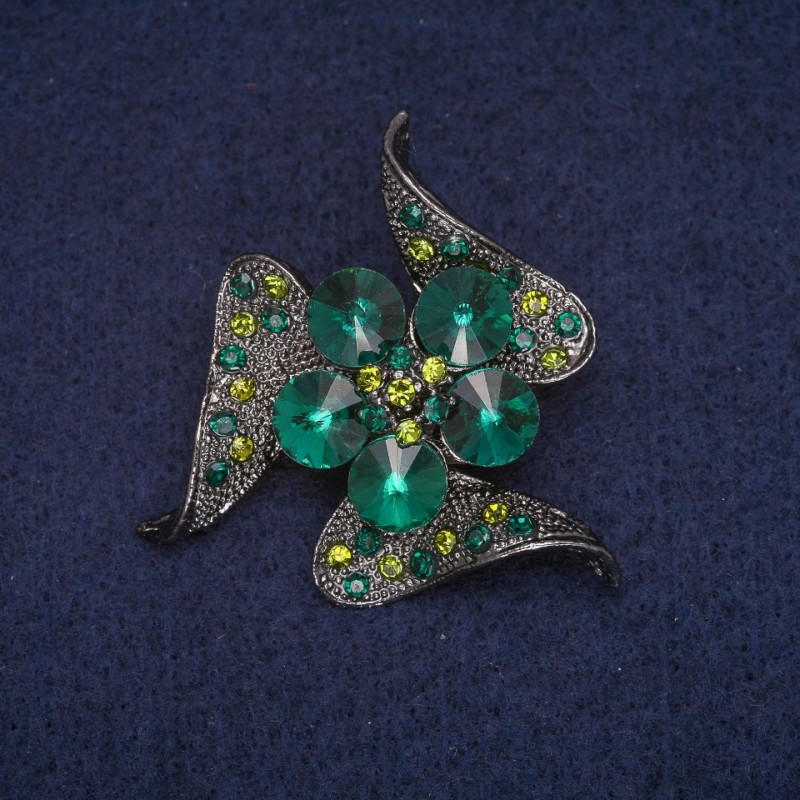 Sale! Flower Brooch with Green Crystals, Grey Metal 41x41mm