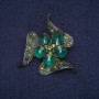 Sale! Flower Brooch with Green Crystals, Grey Metal 41x41mm