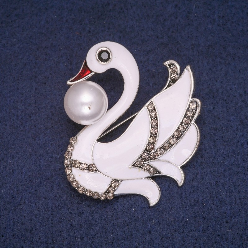 Swan Brooch with Enamel, Bead and Rhinestones, Silver Metal 44x46mm