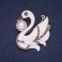 Swan Brooch with Enamel, Bead and Rhinestones, Silver Metal 44x46mm