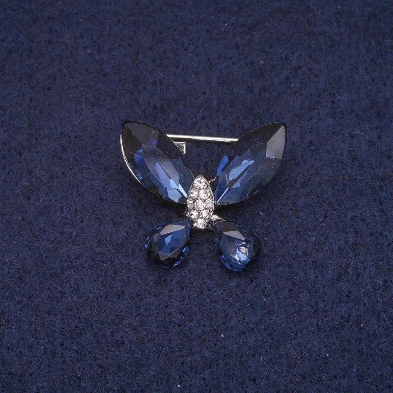 Butterfly Brooch with Crystals, Silver Metal 20x23mm