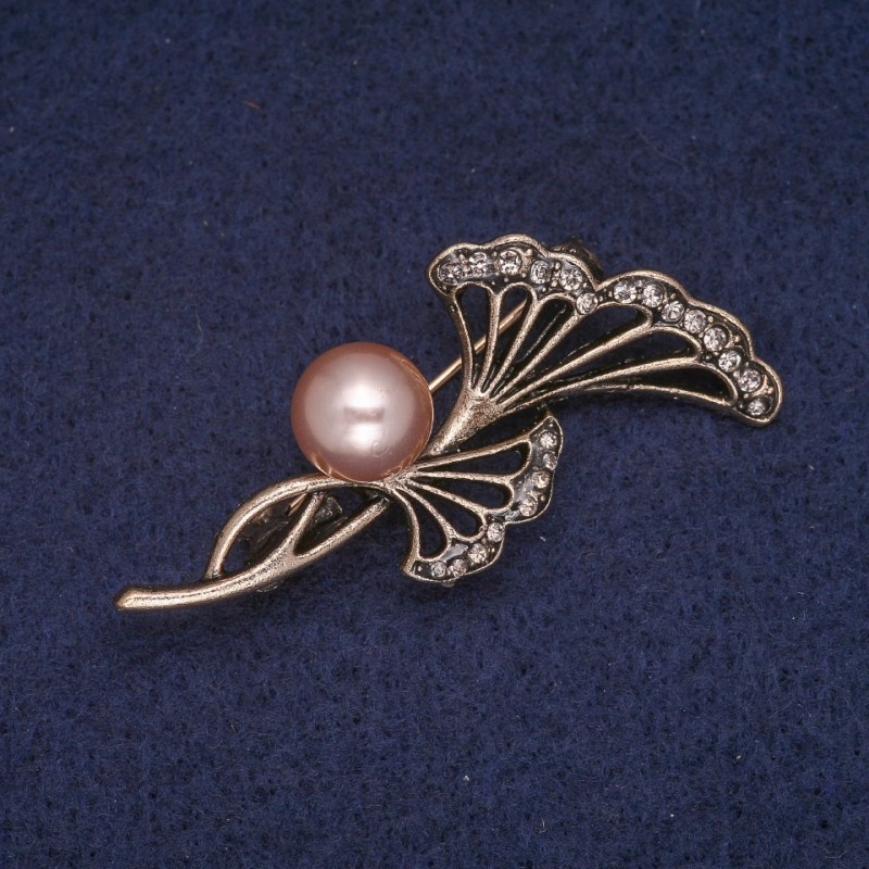 Sale! Flower Brooch with Bead and Rhinestones, Matte Antique Gold 26x50mm