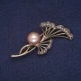 Sale! Flower Brooch with Bead and Rhinestones, Matte Antique Gold 26x50mm