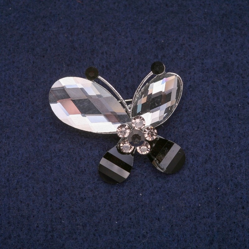 Butterfly Brooch with Crystals, Silver Metal 32x32mm