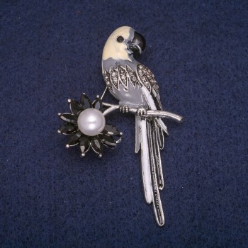Sale! Parrot Brooch with Enamel, Bead and Rhinestones, Grey Metal 37x58mm