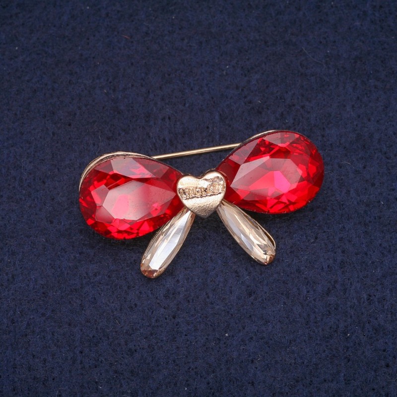 Sale! Bow Brooch with Crystals, Gold-Tone Metal 20x38mm