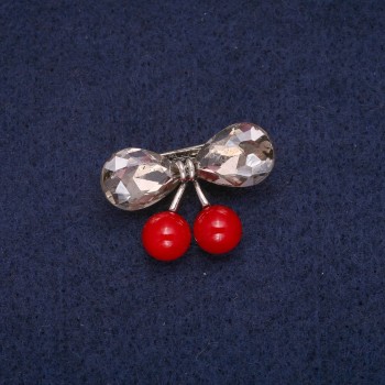 Cherries Brooch with Crystals, Grey Metal 19x28mm