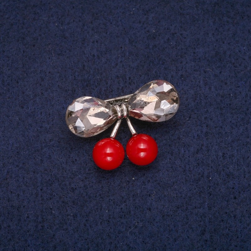 Cherries Brooch with Crystals, Grey Metal 19x28mm