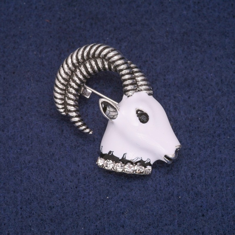 Sale! Goat Head Brooch with Enamel and Rhinestones, Grey Metal 33x36mm
