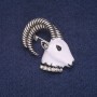 Sale! Goat Head Brooch with Enamel and Rhinestones, Grey Metal 33x36mm