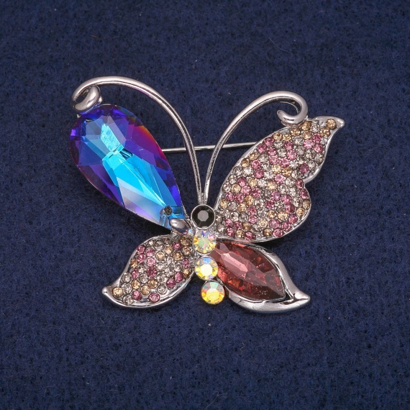 Sale! Butterfly Brooch with Crystals, Silver-Tone Metal 39x43mm