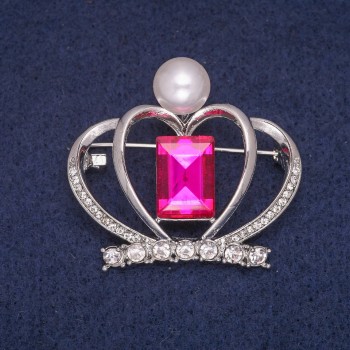 Clearance Crown Brooch with Bead and Crystals, Silver-Tone Metal 38x41mm