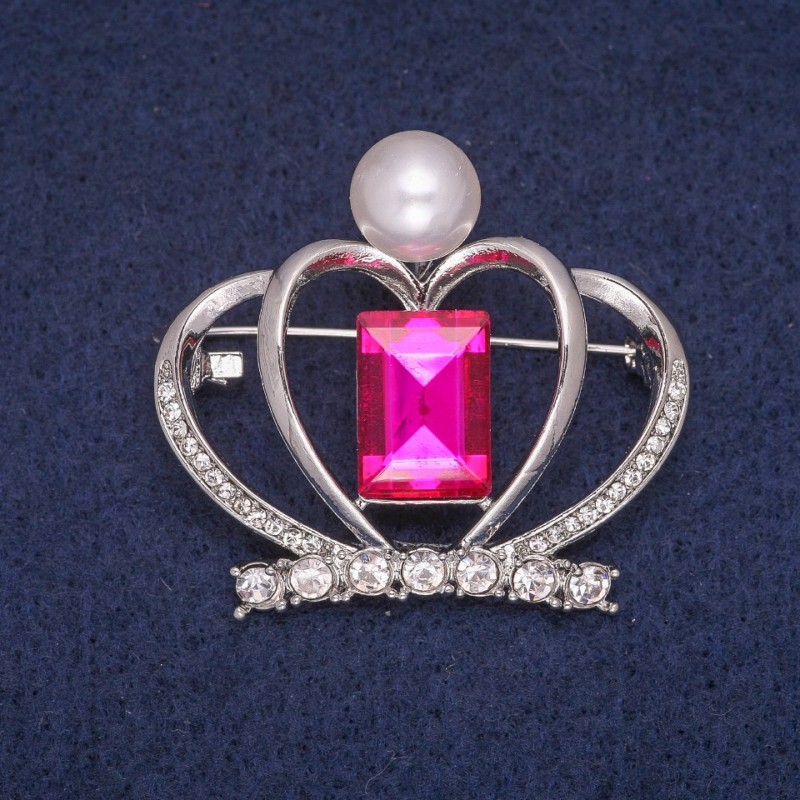 Clearance Crown Brooch with Bead and Crystals, Silver-Tone Metal 38x41mm