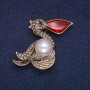 Pelican Brooch with Bead and Rhinestones, Antique Gold-Tone Metal 36x47mm
