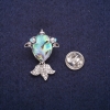 Sale! Fish Brooch with Abalone Cabochon and Rhinestones, Silver Metal 19x28mm