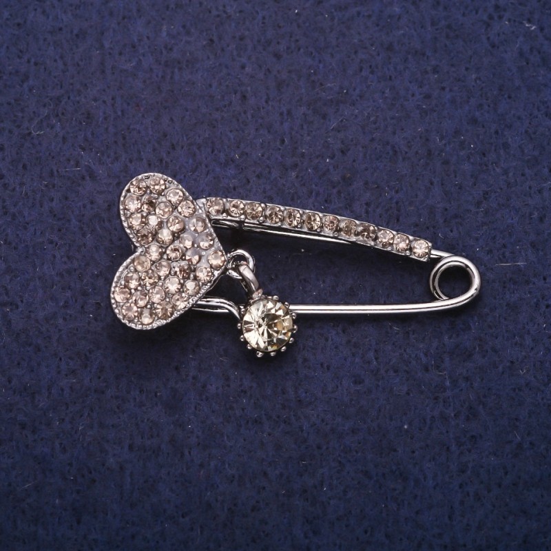 Sale! Heart Brooch Pin with Rhinestones, Grey Metal 17x41mm