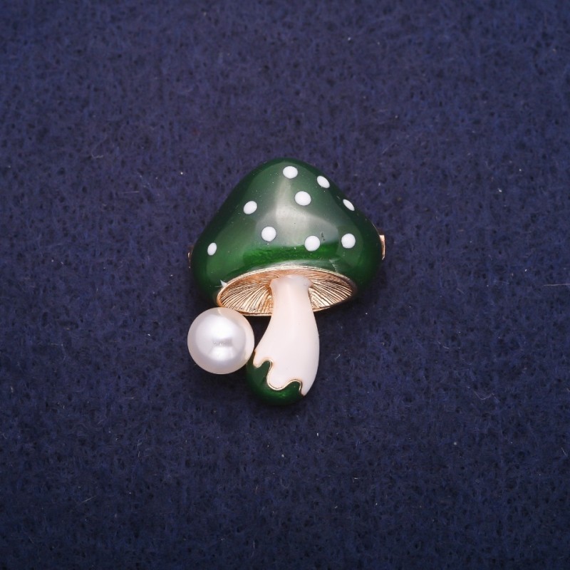 Sale! "Mushroom" Brooch with Green Cap 22x28mm, "Gold" Metal Colour