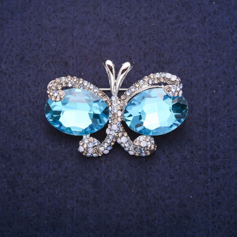 Sale! Butterfly Brooch with Sky-Blue Crystals, Silver-Tone Metal 26x38mm