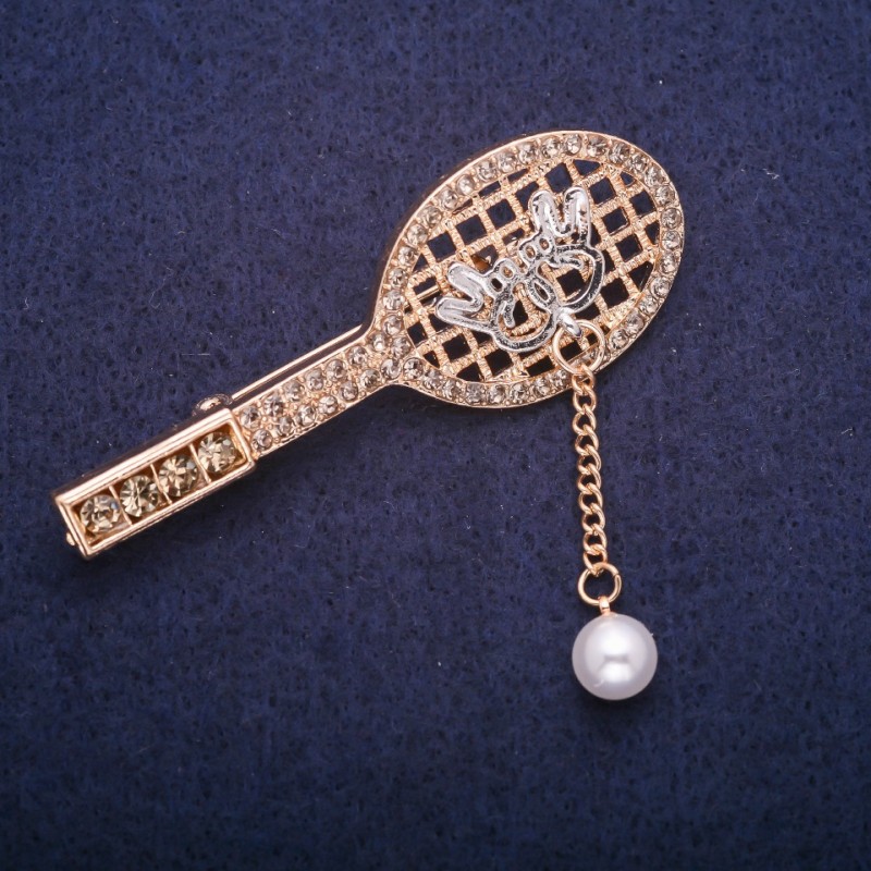 Sale! Racquet Brooch with Bead Pendant in Grey Rhinestones, Gold-Tone Metal 24x64