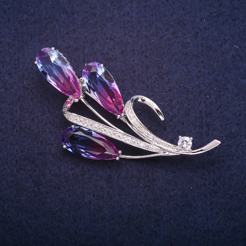 Sale! Twig Brooch with Pink-Blue Swarovski-Style Crystals, Silver-Tone Metal 32x65mm