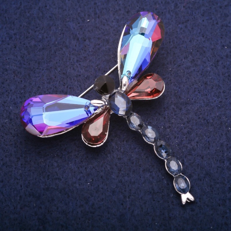 Sale! Dragonfly Brooch with Crystals, Silver-Tone Metal 52x58mm