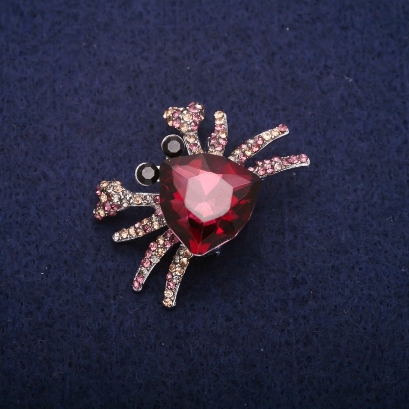 Sale! Crab Brooch with Raspberry Crystals, Grey Metal 27x37mm