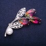 Sale! Twig Brooch with Bead and Yellow-Pink Swarovski-Style Crystals, Silver-Tone Metal 35x60mm