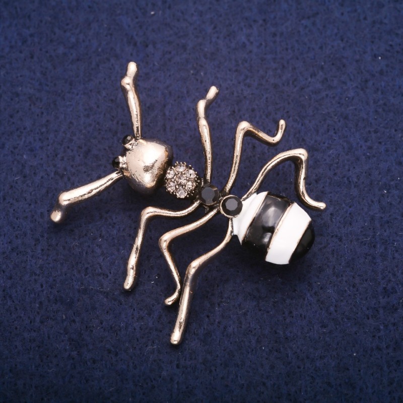 Sale! Ant Brooch, Enamel with Crystals, Gold-Tone Metal 44x45mm