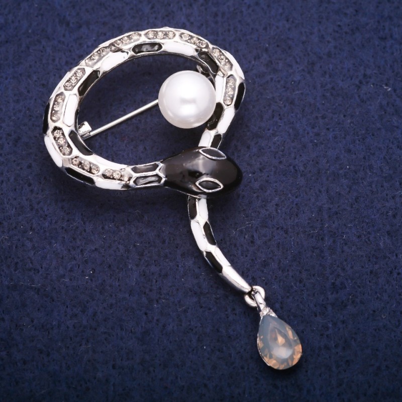 Sale! Snake Brooch, Enamel with Bead and Grey Rhinestones, Silver-Tone Metal 37x53mm