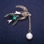 Sale! Birds Brooch, Enamel with Bead and Rhinestones, Grey Metal 32x41mm