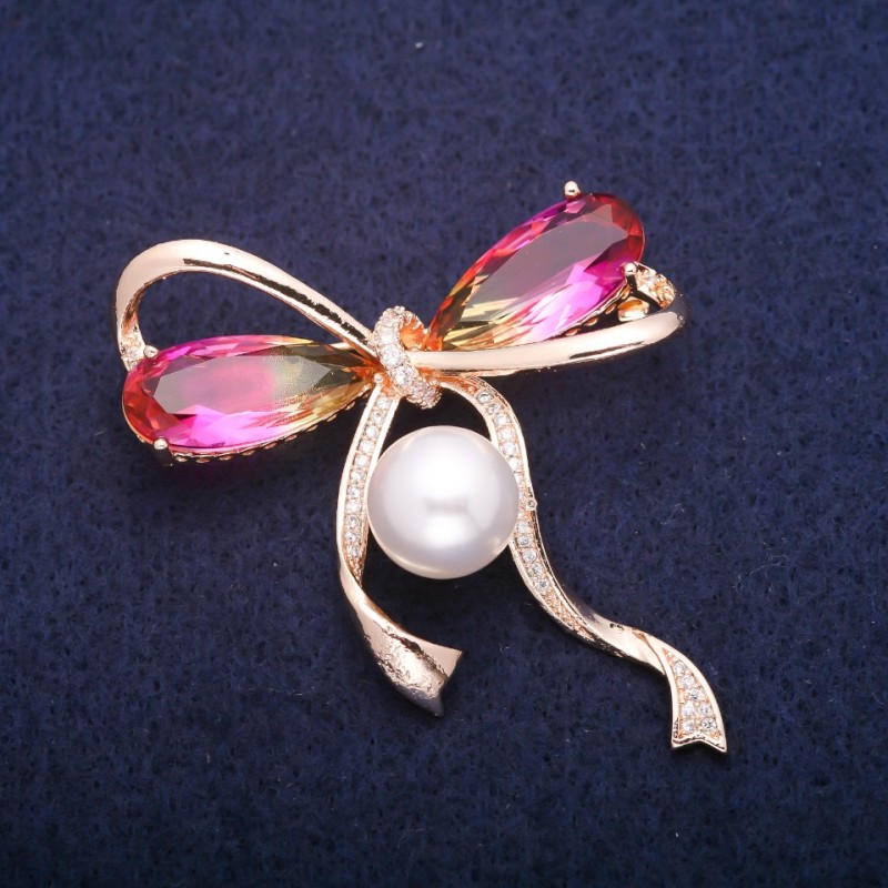 Sale! Bow Brooch with Bead and Yellow-Pink Swarovski-Style Crystals, Gold-Tone Metal 45x47mm