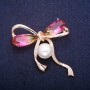 Sale! Bow Brooch with Bead and Yellow-Pink Swarovski-Style Crystals, Gold-Tone Metal 45x47mm