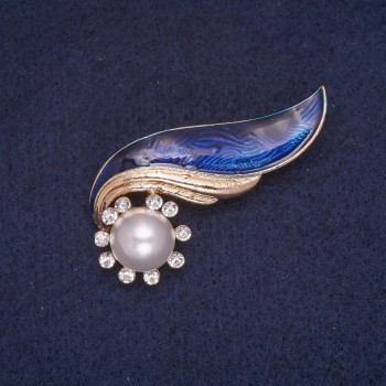 Elegy Brooch with Blue Enamel, Bead and White Rhinestones, Gold-Tone Metal 25x51mm