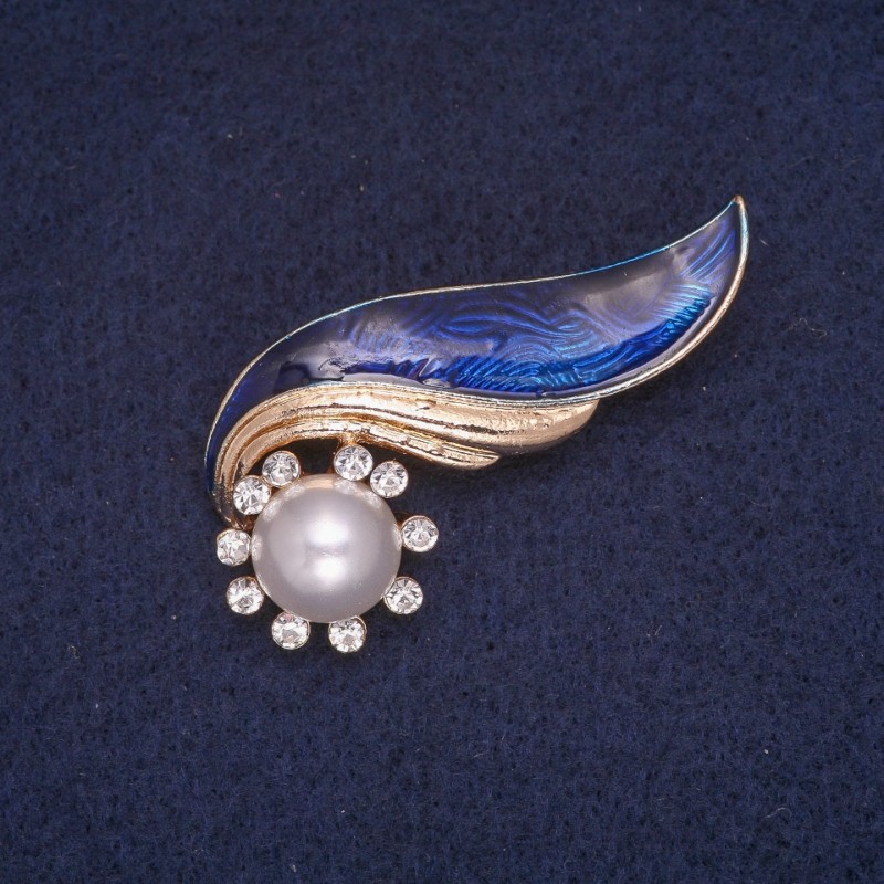 Elegy Brooch with Blue Enamel, Bead and White Rhinestones, Gold-Tone Metal 25x51mm