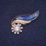 Elegy Brooch with Blue Enamel, Bead and White Rhinestones, Gold-Tone Metal 25x51mm