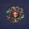 Sale! Leaves Brooch, Enamel with Crystal, Grey Metal 39x43mm +