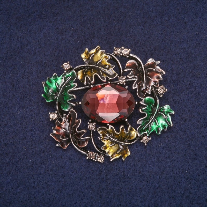 Sale! Leaves Brooch, Enamel with Crystal, Grey Metal 39x43mm +