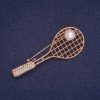 Sale! Tennis Racket Brooch with Bead Ball, Gold-Tone Metal, White Rhinestones 22x56mm