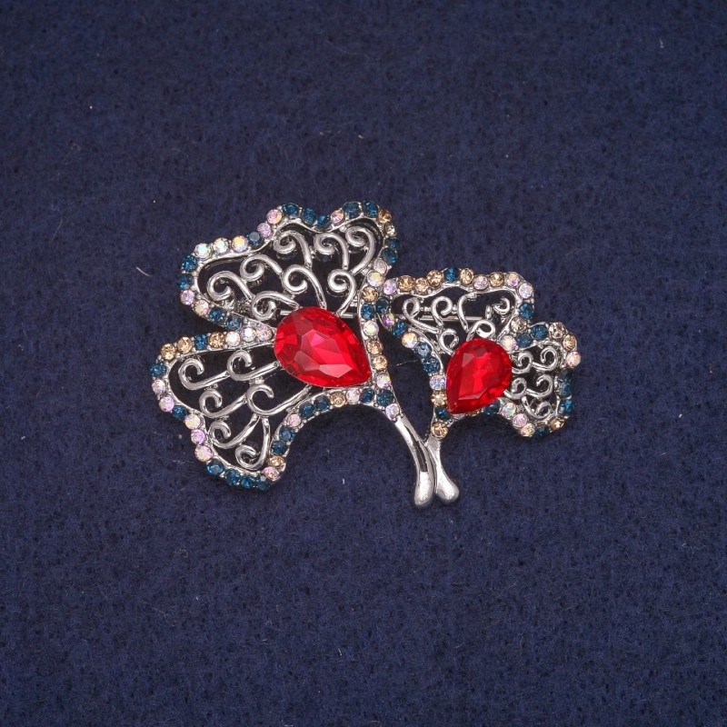 Sale! Leaves Brooch with Crystals, Silver-Tone Metal 33x41mm