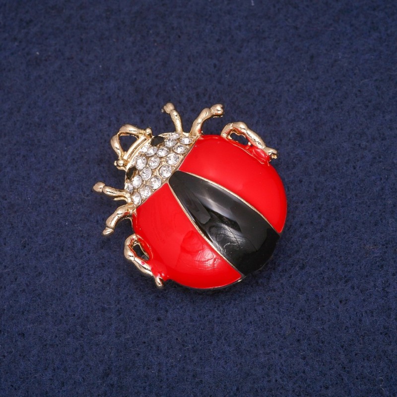 Sale! Ladybird Brooch, Enamel with White Rhinestones, Gold-Tone Metal 28x31mm
