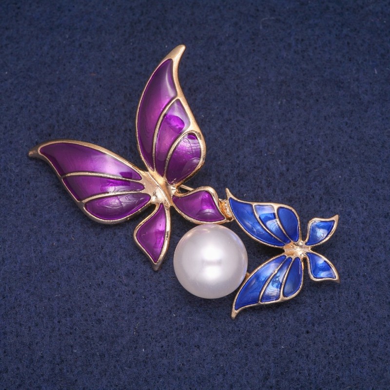 Sale! Butterflies Brooch, Enamel with Bead, Gold-Tone Metal 50x65mm