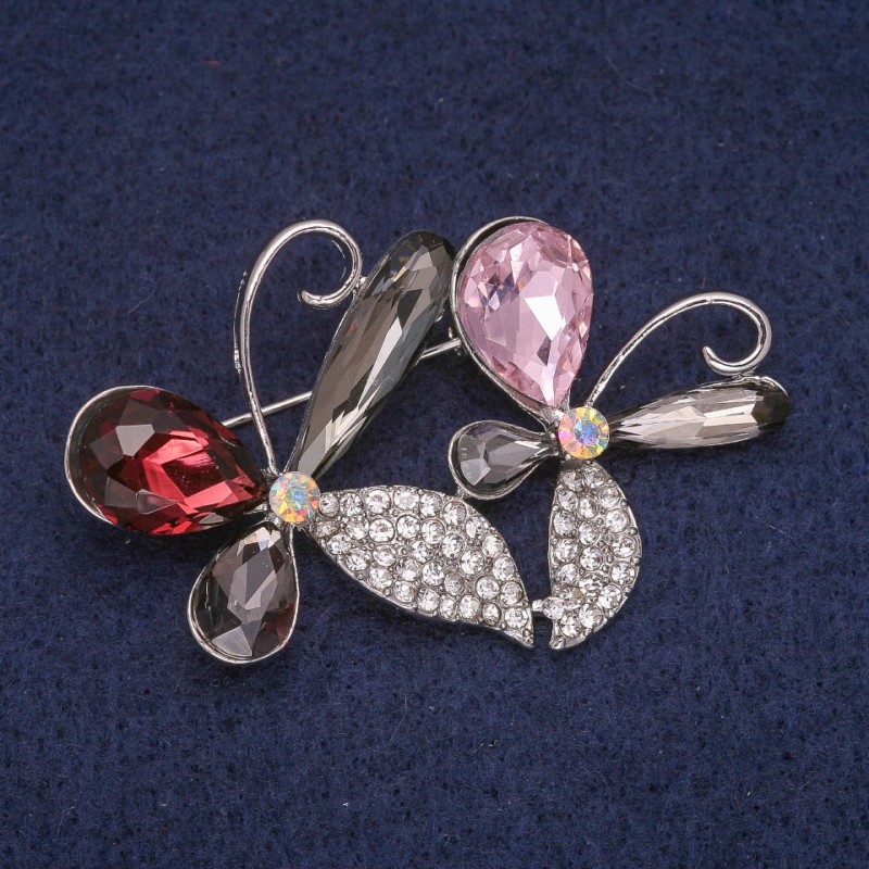 Sale! Flower Brooch with Crystals, Silver-Tone Metal 34x51mm