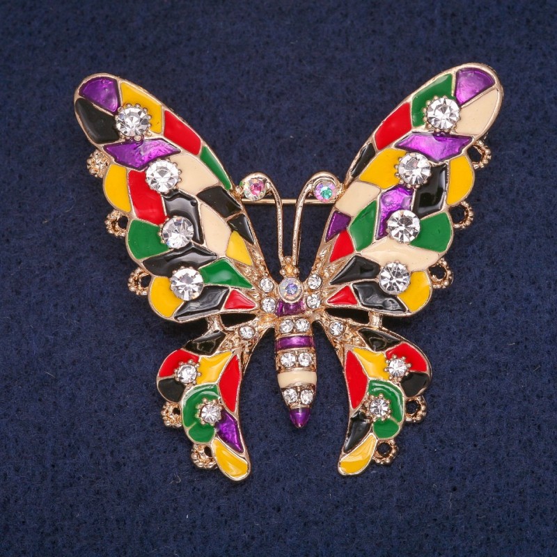 Sale! Butterfly Brooch with Coloured Enamel and Rhinestones, Gold-Tone Metal 53x47mm
