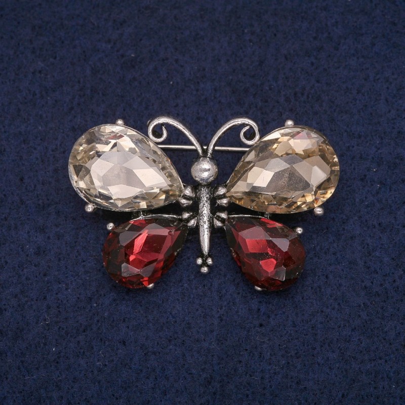 Butterfly Brooch with Champagne and Burgundy Crystals, Grey Metal 26x41mm