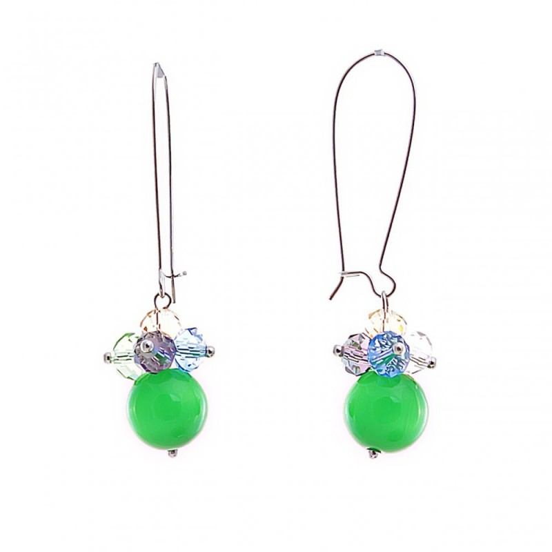Earrings with French hook, multicolor tiny beads (fake crackle) and apple-green cat's eye beads, 55mm