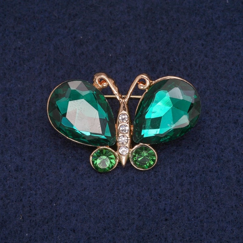 Butterfly Brooch with Green and White Crystals, Gold-Tone Metal 23x34mm
