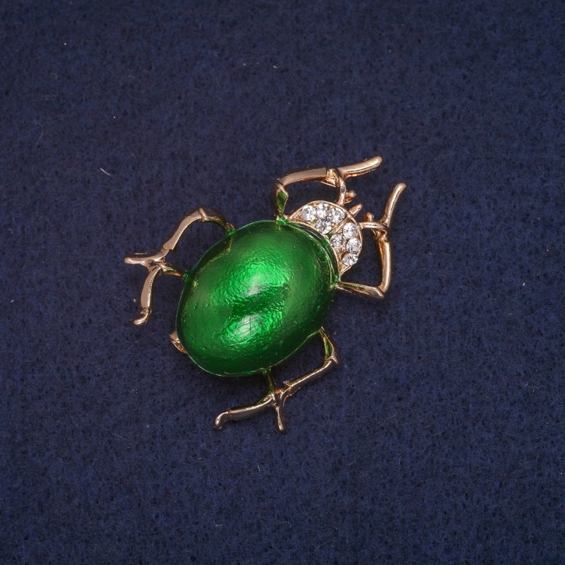Sale! Beetle Brooch, Green Enamel and White Rhinestones, Gold-Tone Metal 28x37mm