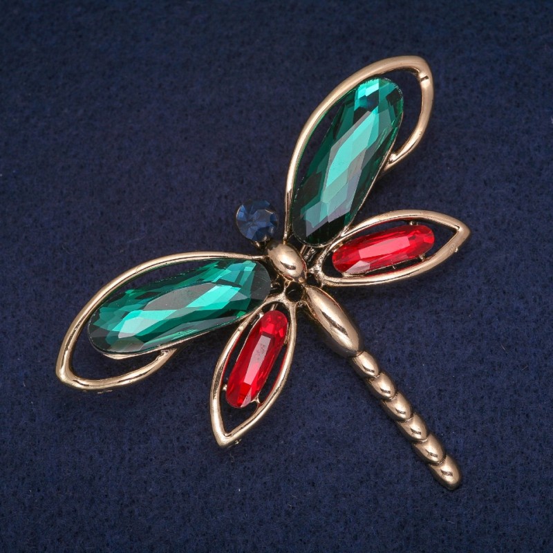 Sale! Dragonfly Brooch with Green, Red and Blue Crystals, Gold-Tone Metal 54x71mm